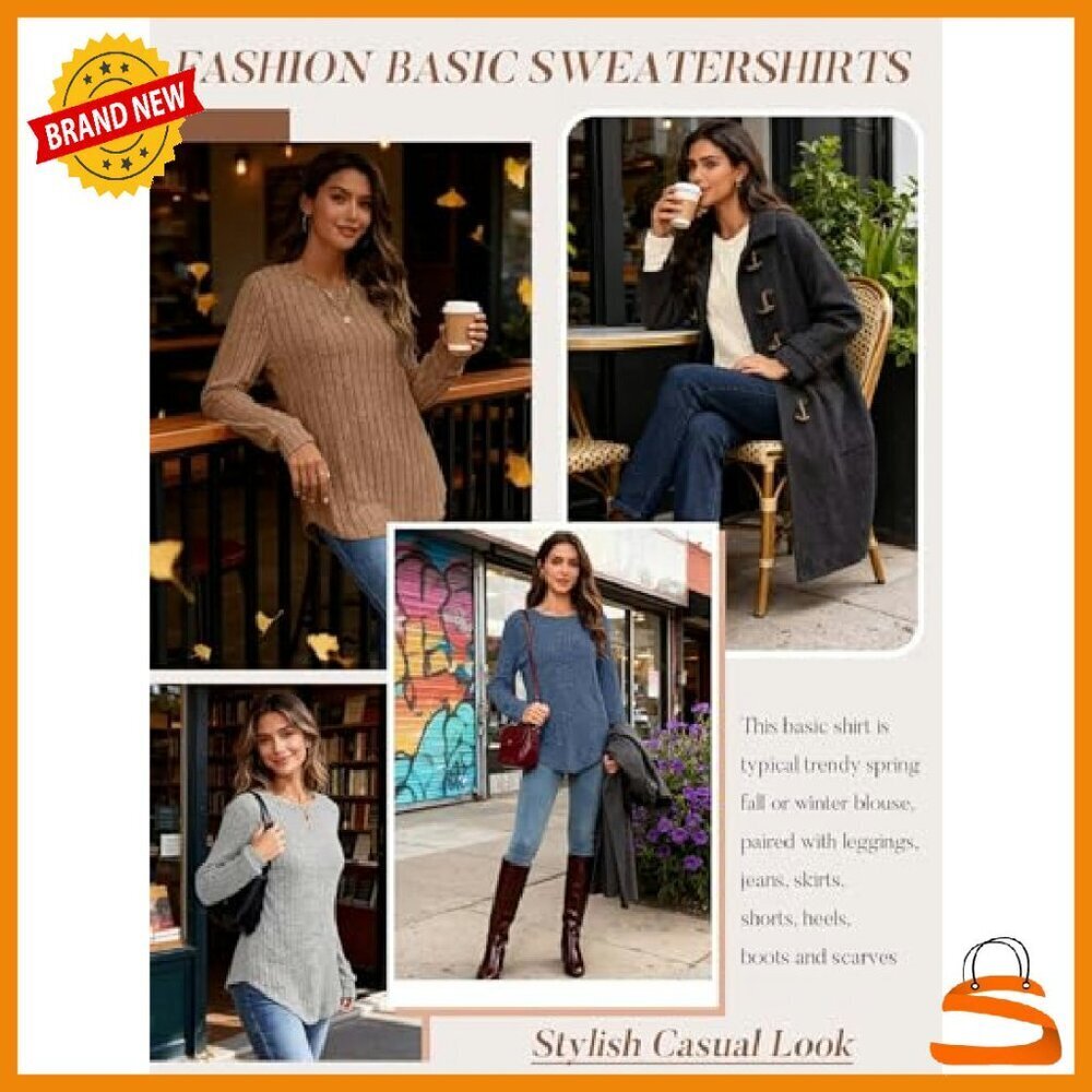 Long Sleeve Tunic Sweater Loose Fit Crew Neck Curved Hem - Picture 6 of 7